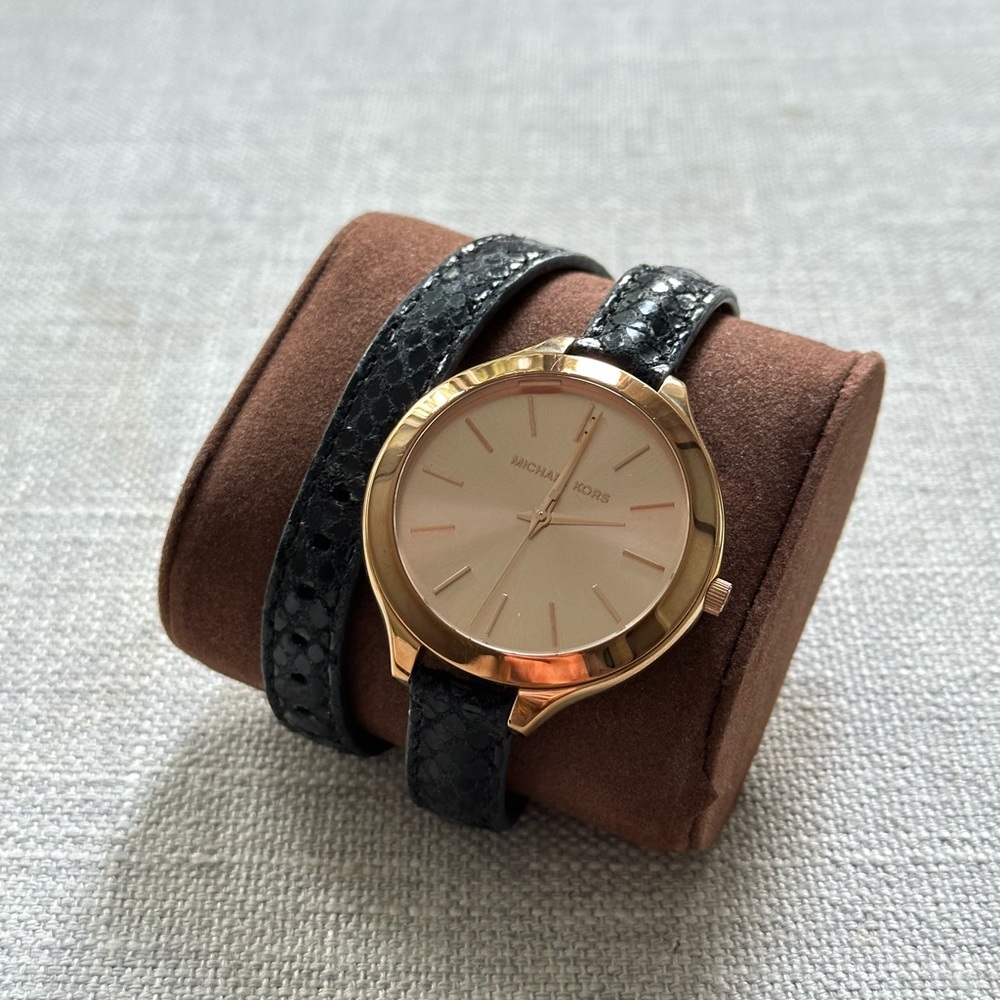 Micheal Kors Double Wrap Black Leather Strap Slim Runway Watch